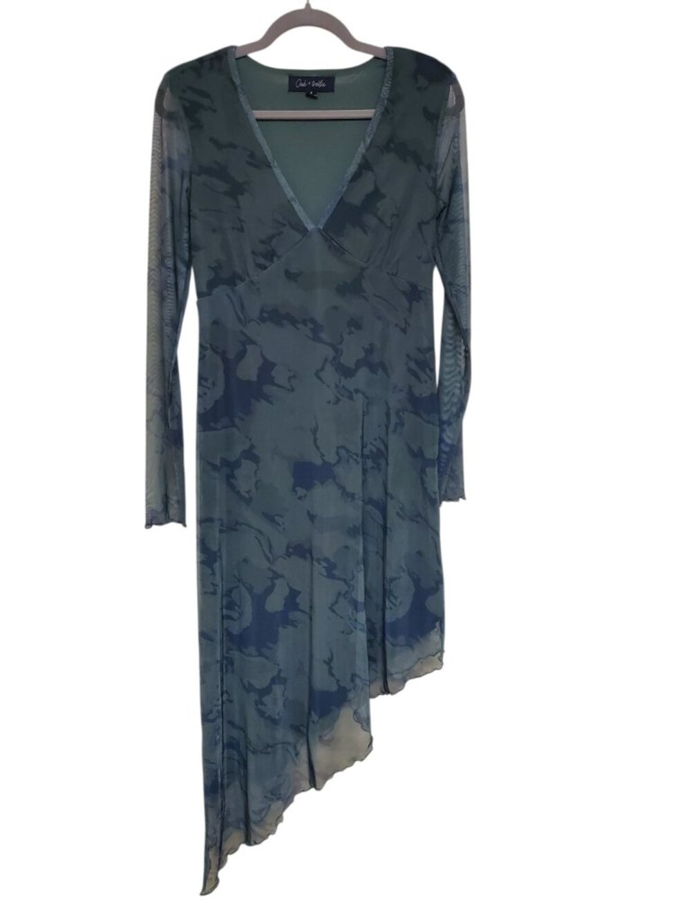 Oak & Trellis Women's Olive Green Camo Asymmetrical Hem Mesh Long Sleeve Dress M